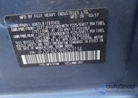 2017 Subaru Crosstrek 2.0I Premium z USA, uszkodzony, nr VIN JF2GPADC8H8253134